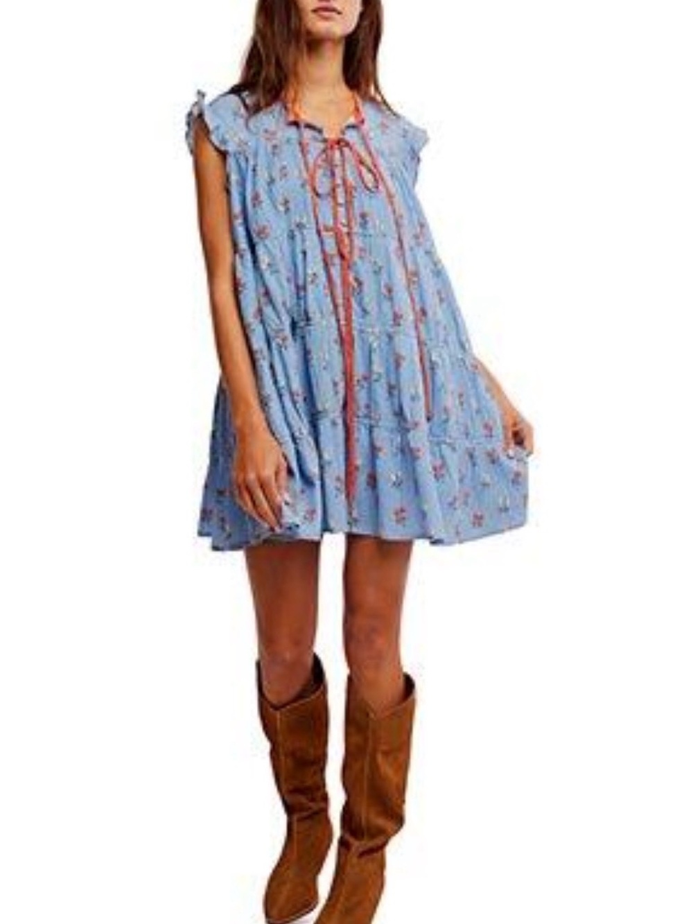 Free People Blue Floral Babydoll Mini Dress | Ruffle Sleeves | Boho | S